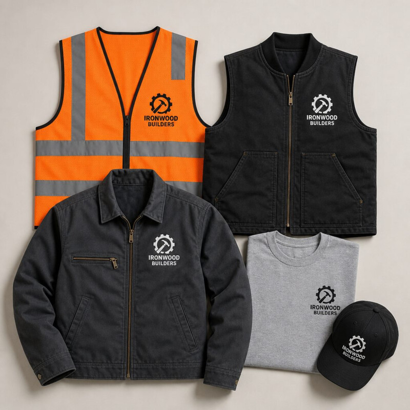 Custom printed workwear: safety vest, jackets, tee and cap