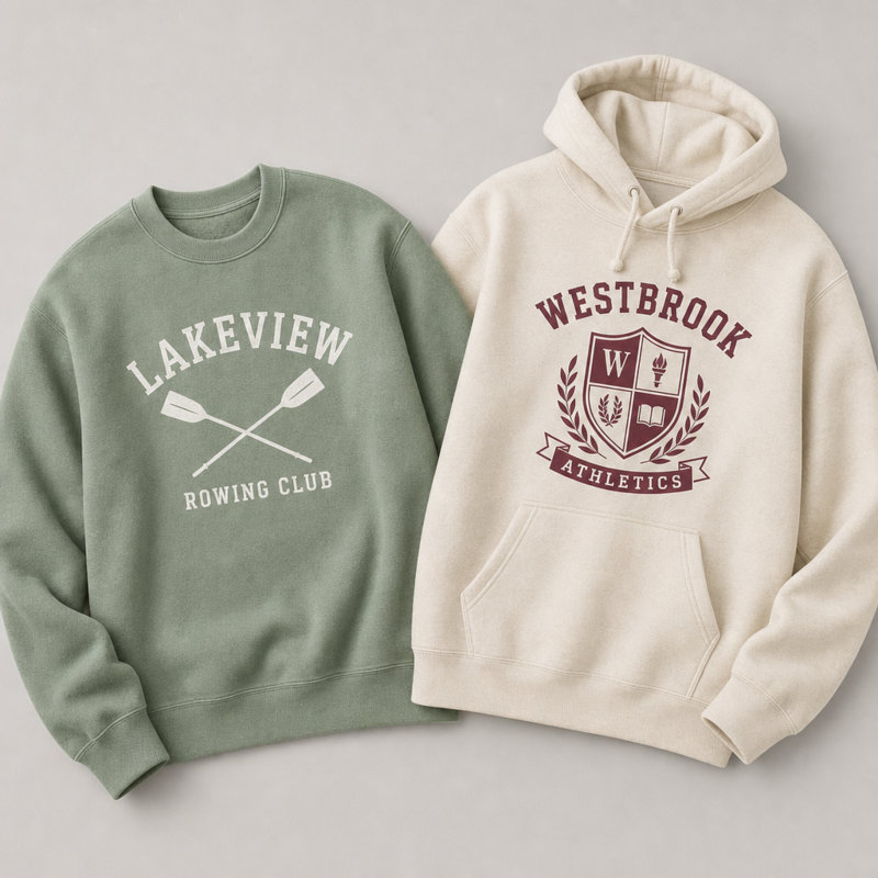 Custom school spirit wear hoodie and crewneck sweatshirt