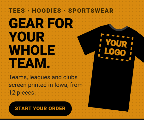 Gear for your whole team. Teams, leagues and clubs, screen printed in Iowa from 12 pieces. Start your order.