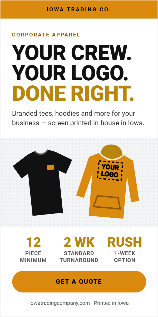 Your crew. Your logo. Done right. Branded tees, hoodies and more, screen printed in-house in Iowa. 12 piece minimum, 2 week standard turnaround, 1 week rush option. Get a quote.